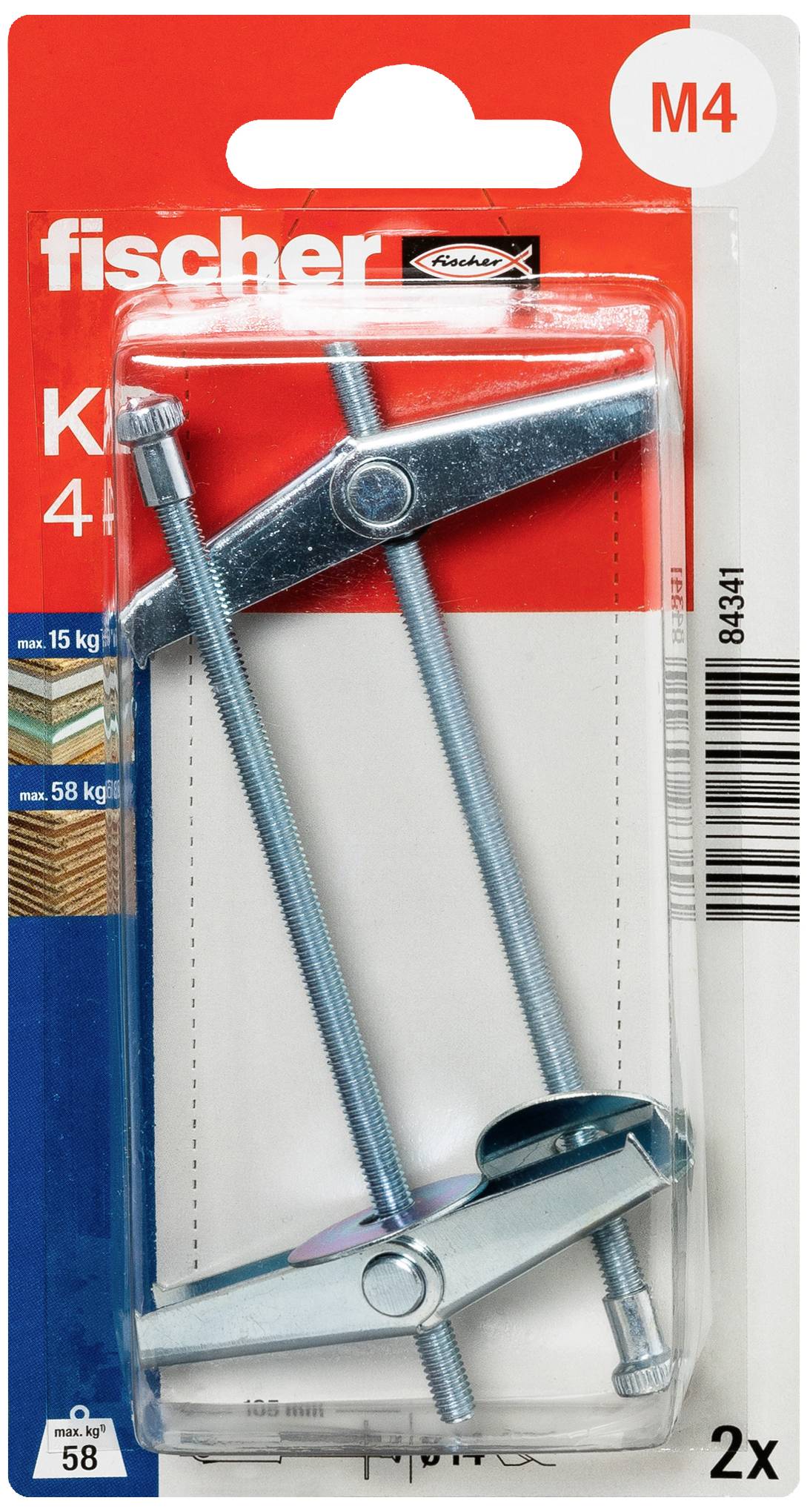 'Deux chevilles Fischer à expansion M4 dans un emballage. Adaptées pour des plafonds jusqu'à 15 kg et des murs jusqu'à 58 kg.'