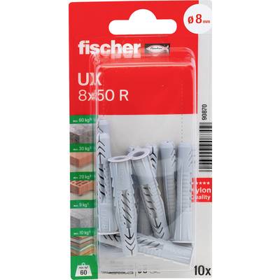 Paquet de chevilles murales en nylon Fischer, 8 x 50 R, 10 pièces, pour trous de 8 mm, présenté en emballage blister rouge.