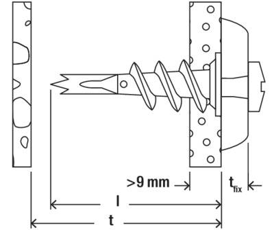 Diagramme d'un ancrage à vis : fixation murale, nécessitant un écart supérieur à 9 mm ; montre les surfaces et la vis filetée.