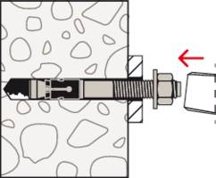 Illustration d'un ancrage métallique dans un mur, fixé par une vis. Une flèche indique la direction du serrage de l'écrou.