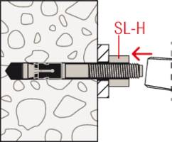 Un dessin technique montre un boulon d'ancrage installé dans un mur en béton. Une flèche marque la zone 'SL-H'.