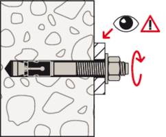 L'illustration montre un boulon d'ancrage dans un mur en béton. Un œil et un point d'exclamation indiquent la prudence nécessaire lors du serrage du boulon.