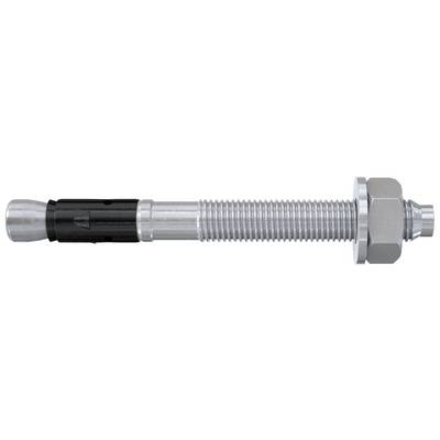 Ancre métallique à boulon avec écrou hexagonal et extrémités coniques, adaptée pour les fixations dans le béton ou la maçonnerie.