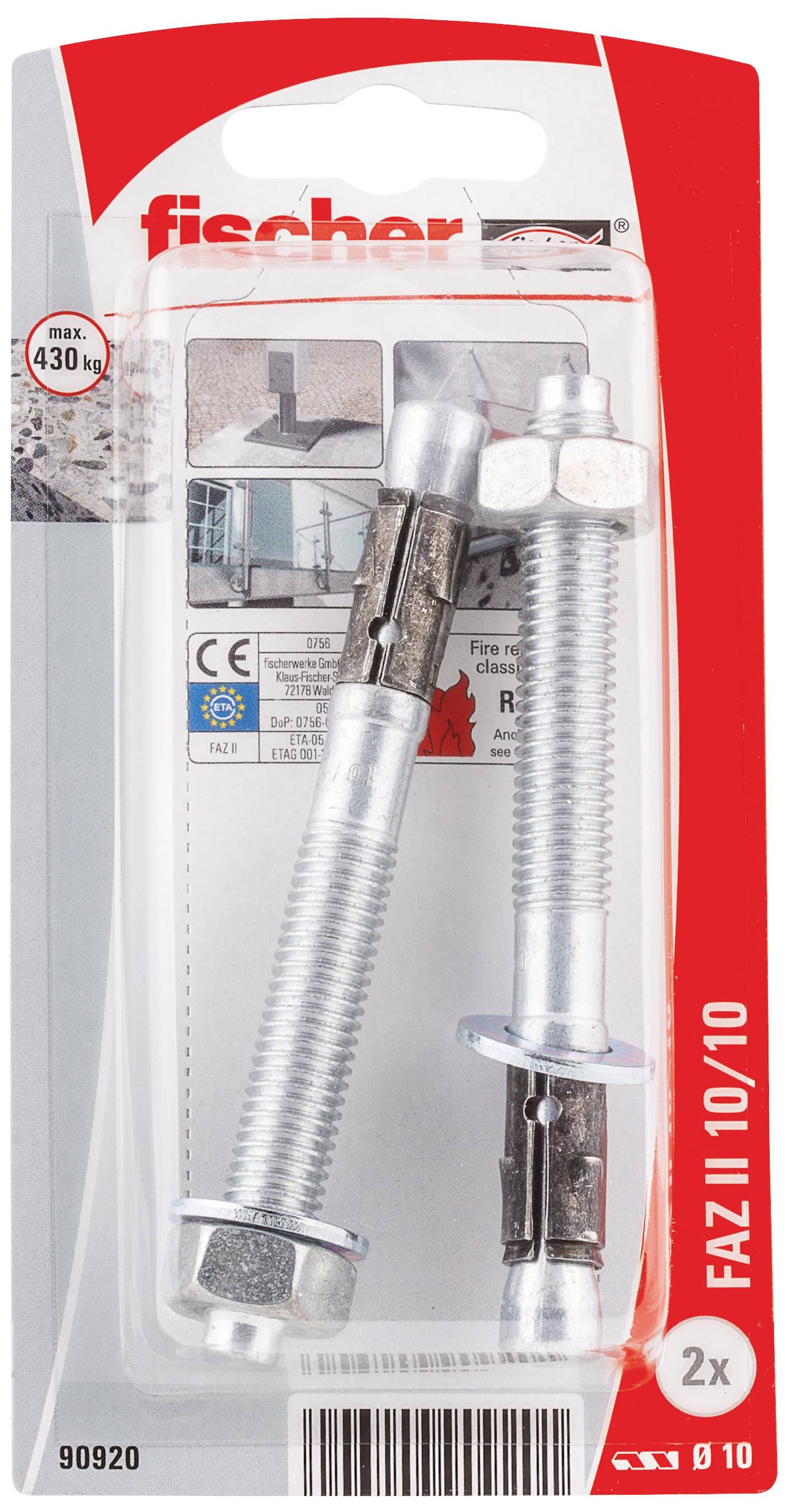 Deux ancrages métalliques lourds Fischer en blister, adaptés pour des fixations en béton jusqu'à 430 kg de charge portante, type FAZ II 10/10.