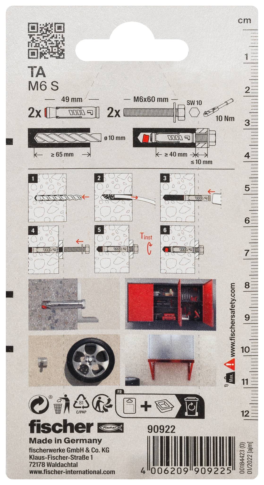 Paquet de chevilles murales Fischer au verso affichant un code QR, taille TA M6 S, étapes d'installation, spécifications de forage et de vis, et code-barres du produit.