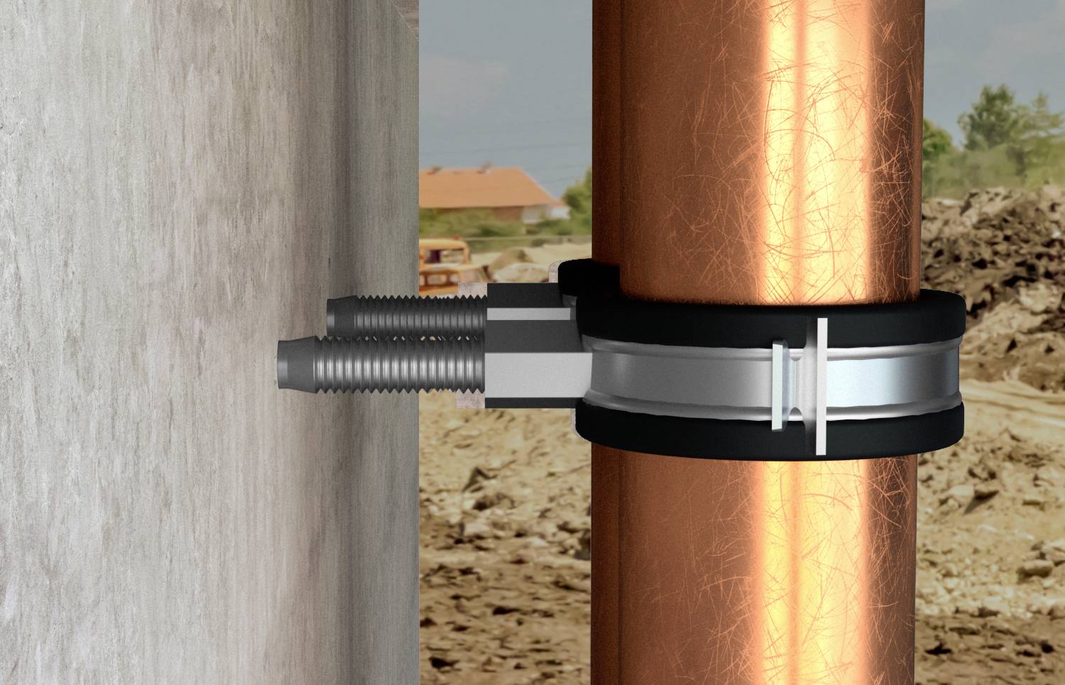 Passage de conduite en cuivre à travers un mur en béton avec joint d'étanchéité et éléments de fixation. L'arrière-plan montre un chantier de construction.