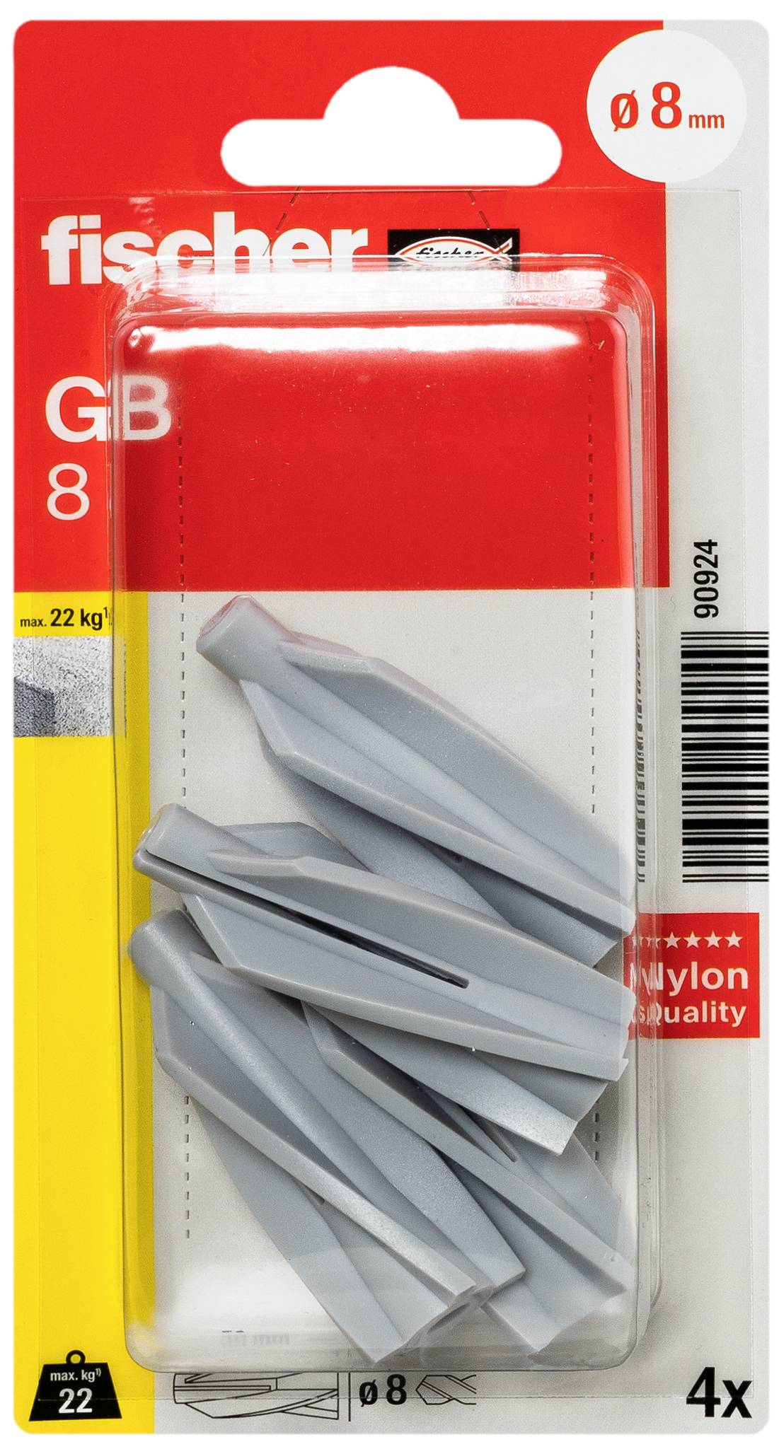 Lot de 4 chevilles Fischer GB 8 en nylon, adaptées pour des trous de 8 mm de diamètre, emballage rouge et jaune.