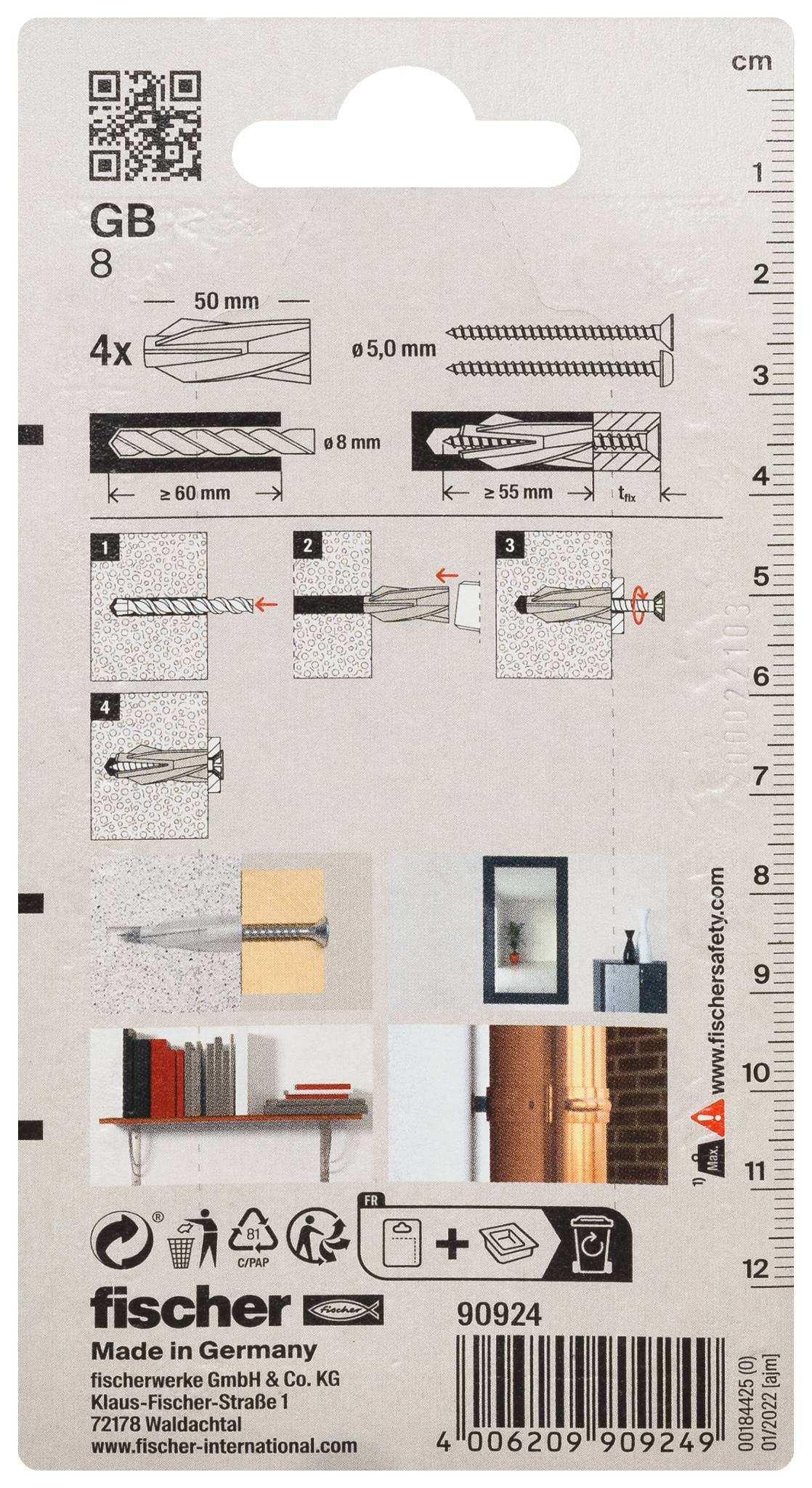 Carte d'emballage pour chevilles murales Fischer GB 8, présentant 4 chevilles de 8 mm et les dimensions des vis, avec des diagrammes d'installation et une échelle de taille.