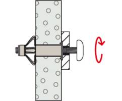 Diagramme d'un ancrage de porte avec un mécanisme à vis montrant une action rotative. Illustre comment l'ancrage est fixé dans le mur.