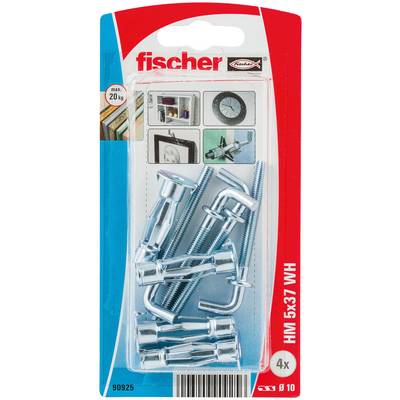 Paquet de chevilles murales Fischer HM 5x37 WH, affichant 4 chevilles métalliques argentées et une capacité de charge de 20 kg.