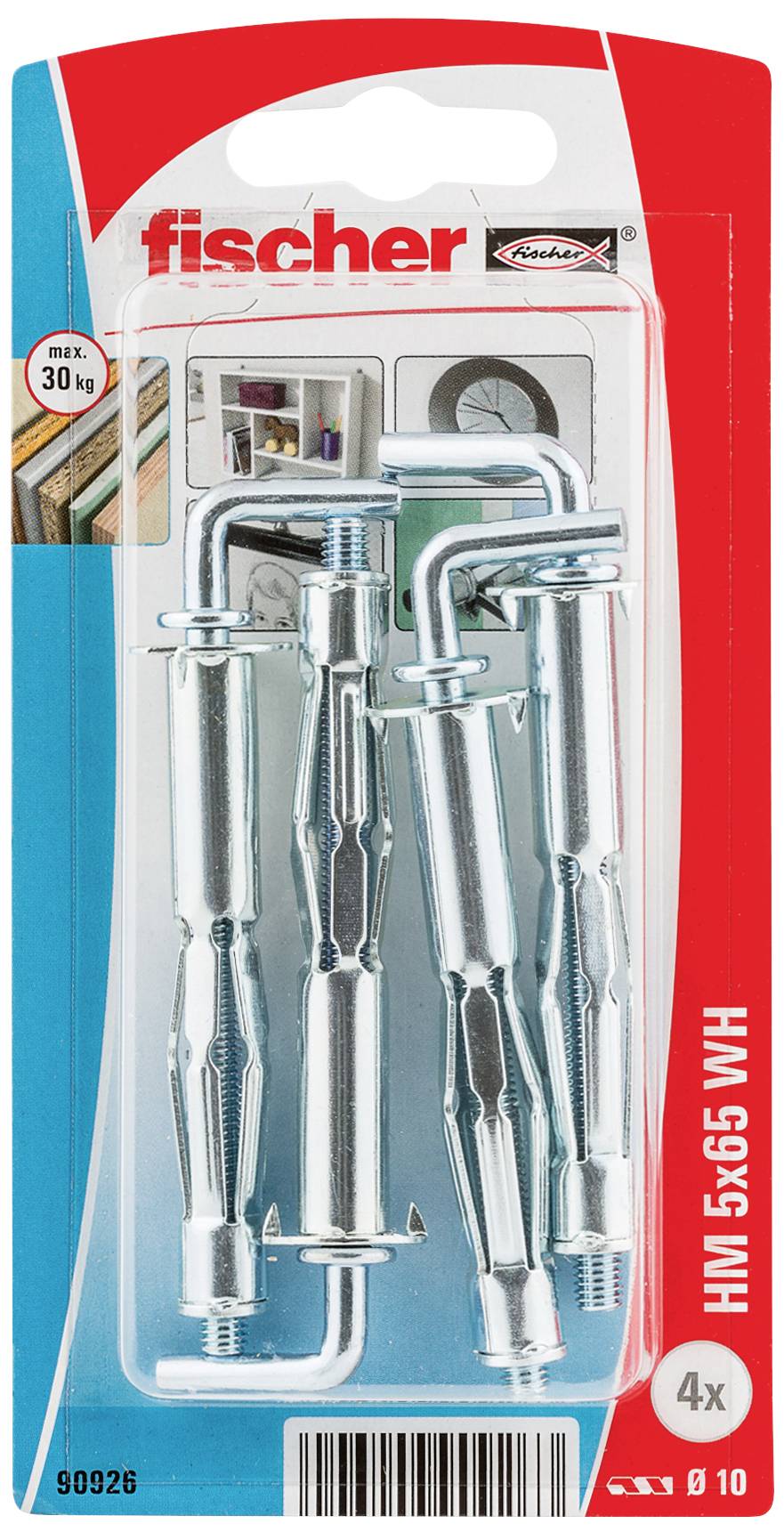 Ensemble Fischer HM 5x65 WH composé de quatre chevilles métalliques à expansion, adaptées pour la fixation murale, capacité de charge maximale de 30 kg. L'emballage présente les chevilles.