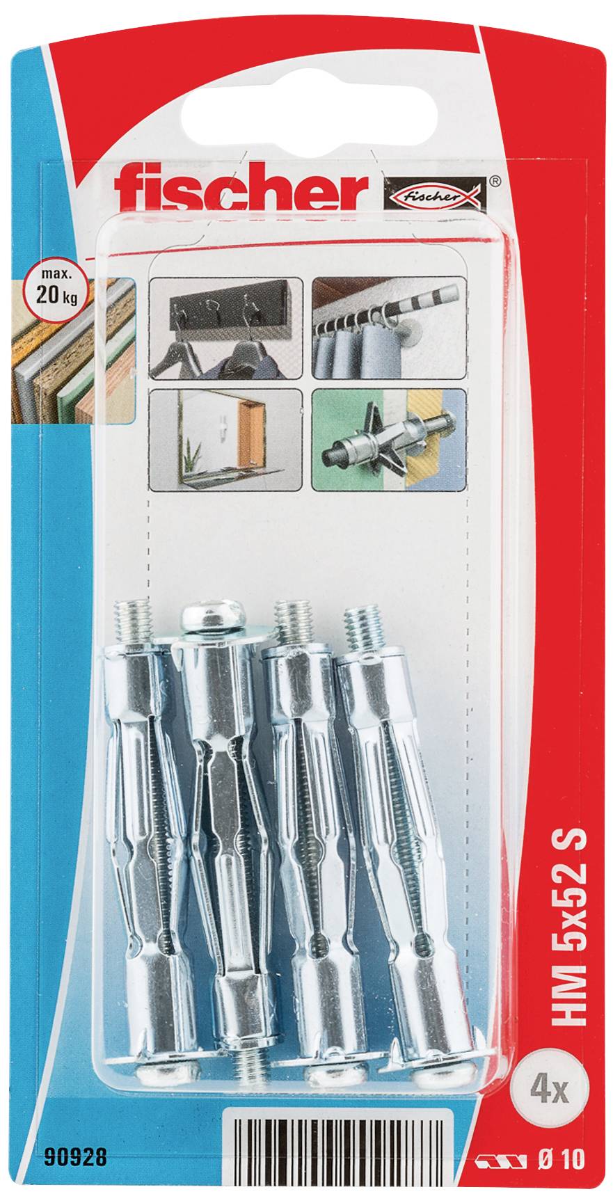 Chevilles métalliques Fischer HM S pour corps creux, capacité de charge max. 20 kg, pour différents matériaux ; lot de 4 chevilles.