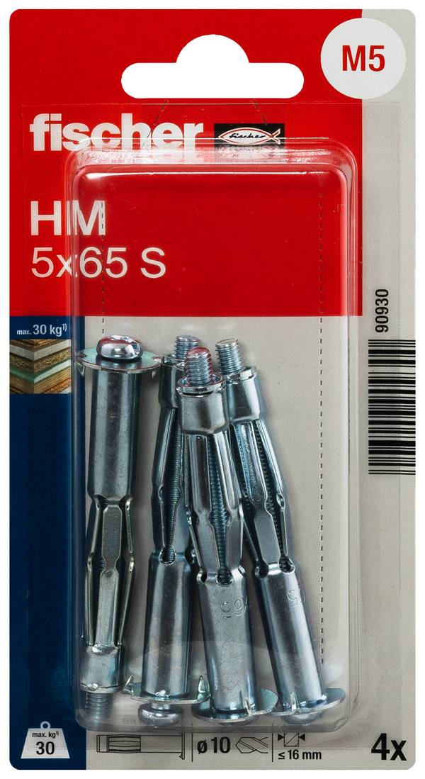 Fischer 090930 HM 5 x 65 S K NV Cheville pour corps creux 65 mm 10 mm 1 set