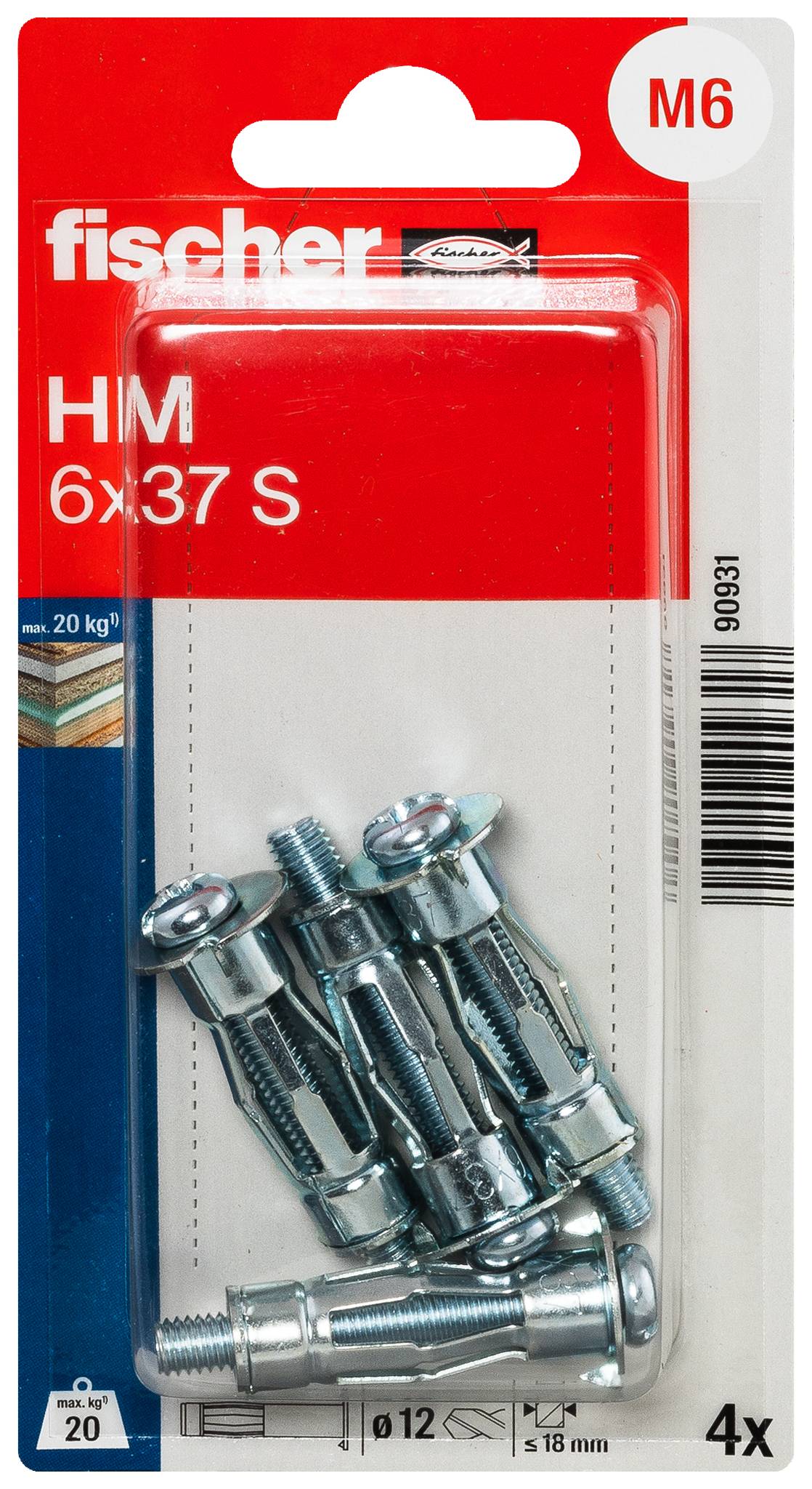 Paquet de 4 chevilles creuses pour paroi Fischer HM M6x37 S avec vis, présenté en emballage transparent en blister.
