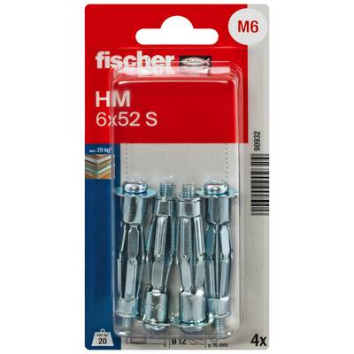 Paquet d'chevilles creuses Fischer HM 6x52 S M6, présenté sous forme de 4 chevilles métalliques en emballage blister.