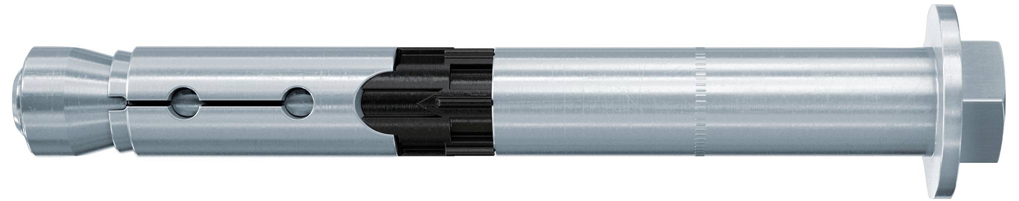 Boulon d'ancrage métallique, de forme cylindrique avec une tête hexagonale et des détails noirs. Utilisé pour la fixation dans les constructions.