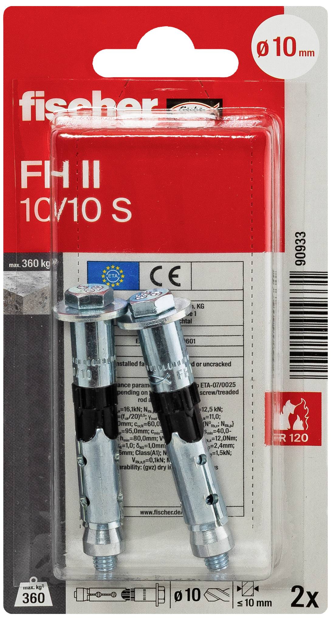 Emballage de goujon d'ancrage Fischer FH II 10/10 S pour béton, diamètre de 10 mm ; certifié CE, emballage rouge et blanc présentant deux boulons.