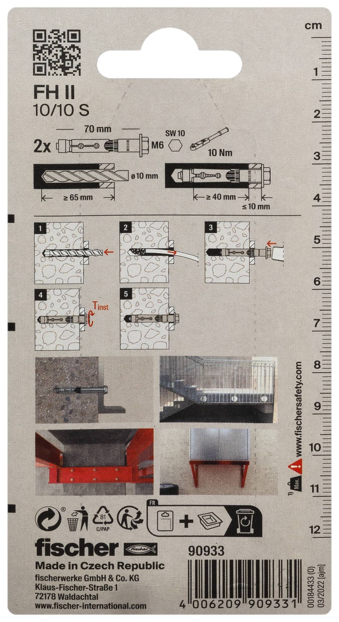 Emballage de produit pour kit d'ancrage Fischer FH II 10/10 S, affichant le code QR, les étapes d'installation, les dimensions et le code produit 90933.