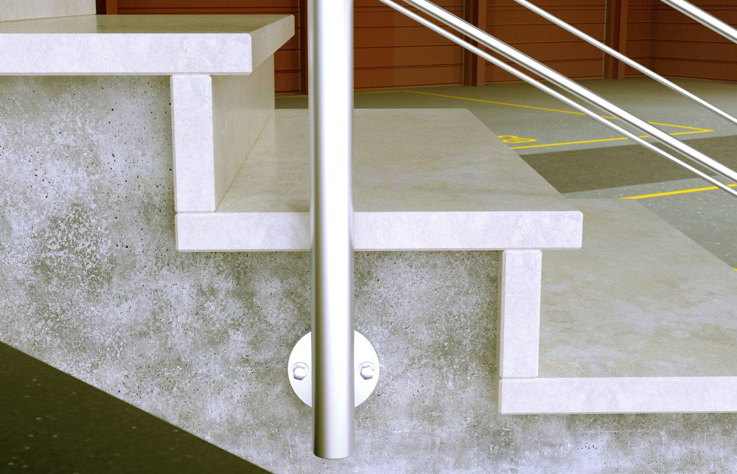 'Gros plan d'un escalier en béton avec une rampe en acier inoxydable, vue de côté. L'arrière-plan montre un parking avec des emplacements délimités.'