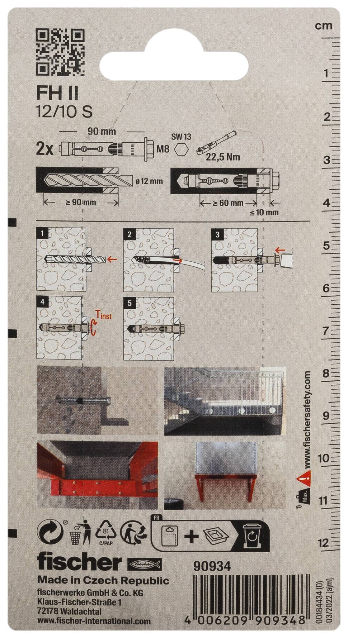 Étiquette d'emballage pour chevilles Fischer FH II 12/10 S, montrant les étapes d'installation, les dimensions, la charge nominale 22,5 Nm, et le code produit 90934.