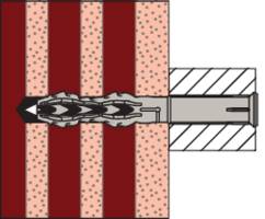 Coupe transversale d'un goujon métallique dans du béton, montrant sa fixation solide à l'intérieur du matériau. À gauche, fentes recouvertes de béton.