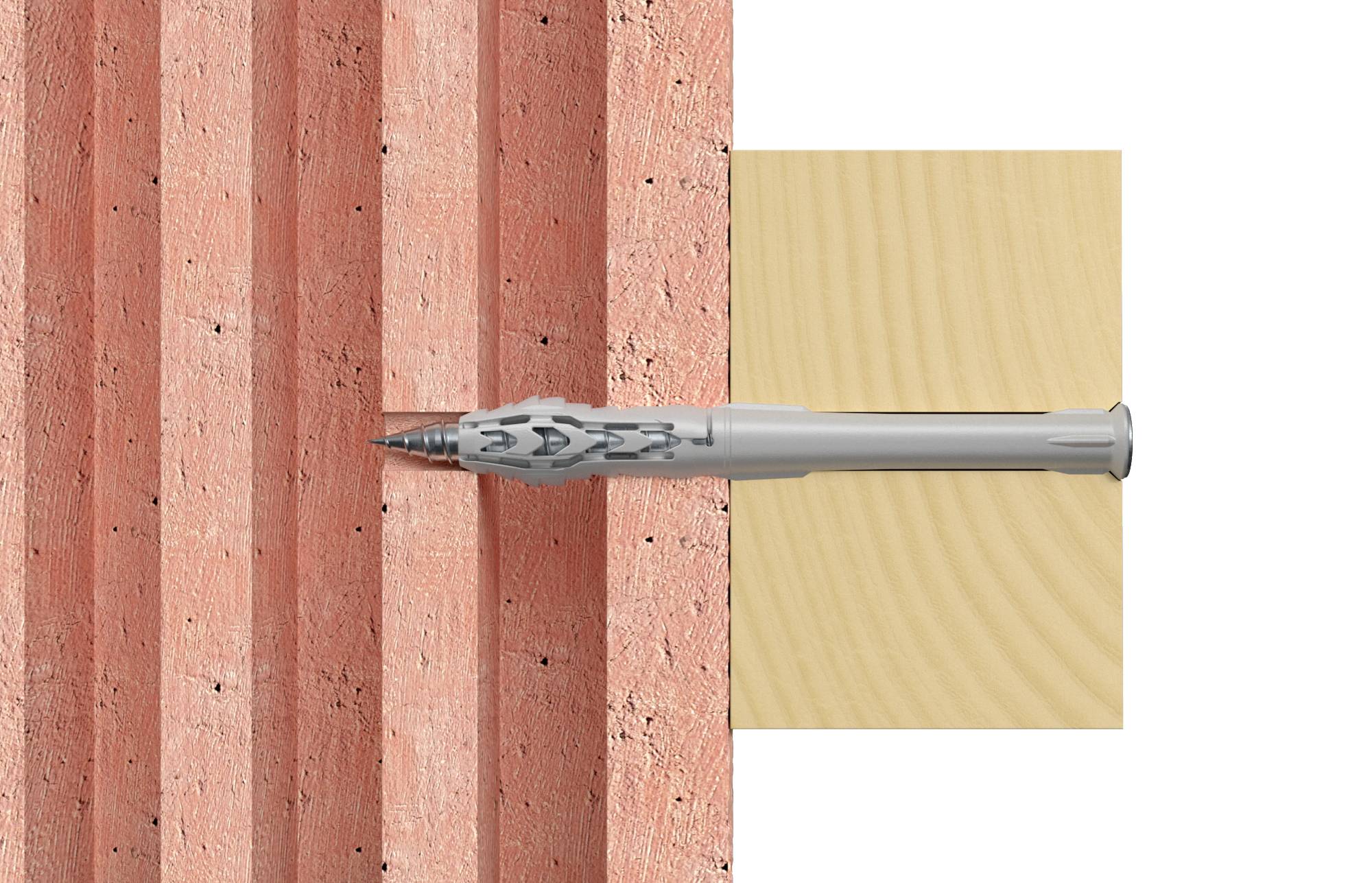 Un clou est enfoncé dans un mur de briques. Sur le côté droit se trouve un morceau de bois fixé au mur.