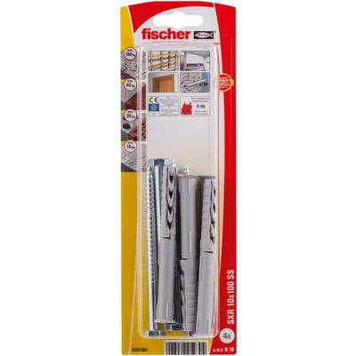 Paquet de chevilles murales Fischer SXR 10x100 S SS avec vis, présenté en emballage blister sur une carte rouge et jaune.