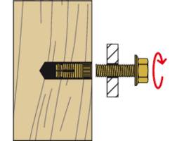 Illustration d'un mécanisme à vis fixé dans un bloc de bois. Un écrou est serré par rotation, comme indiqué par une flèche.