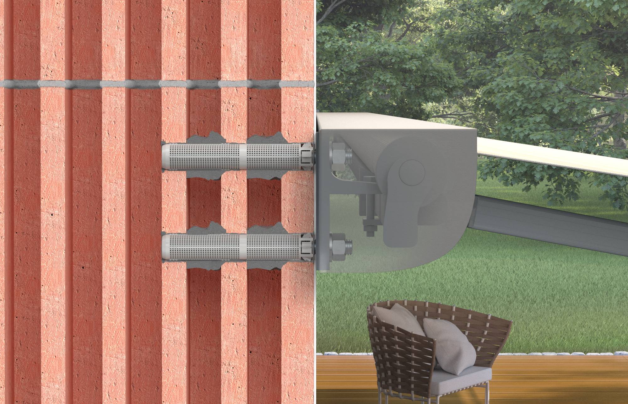 Gros plan en coupe d'un connecteur de montant de balustrade de terrasse boulonné à travers un mur en brique, montrant le support métallique caché ancré pour soutenir la balustrade.