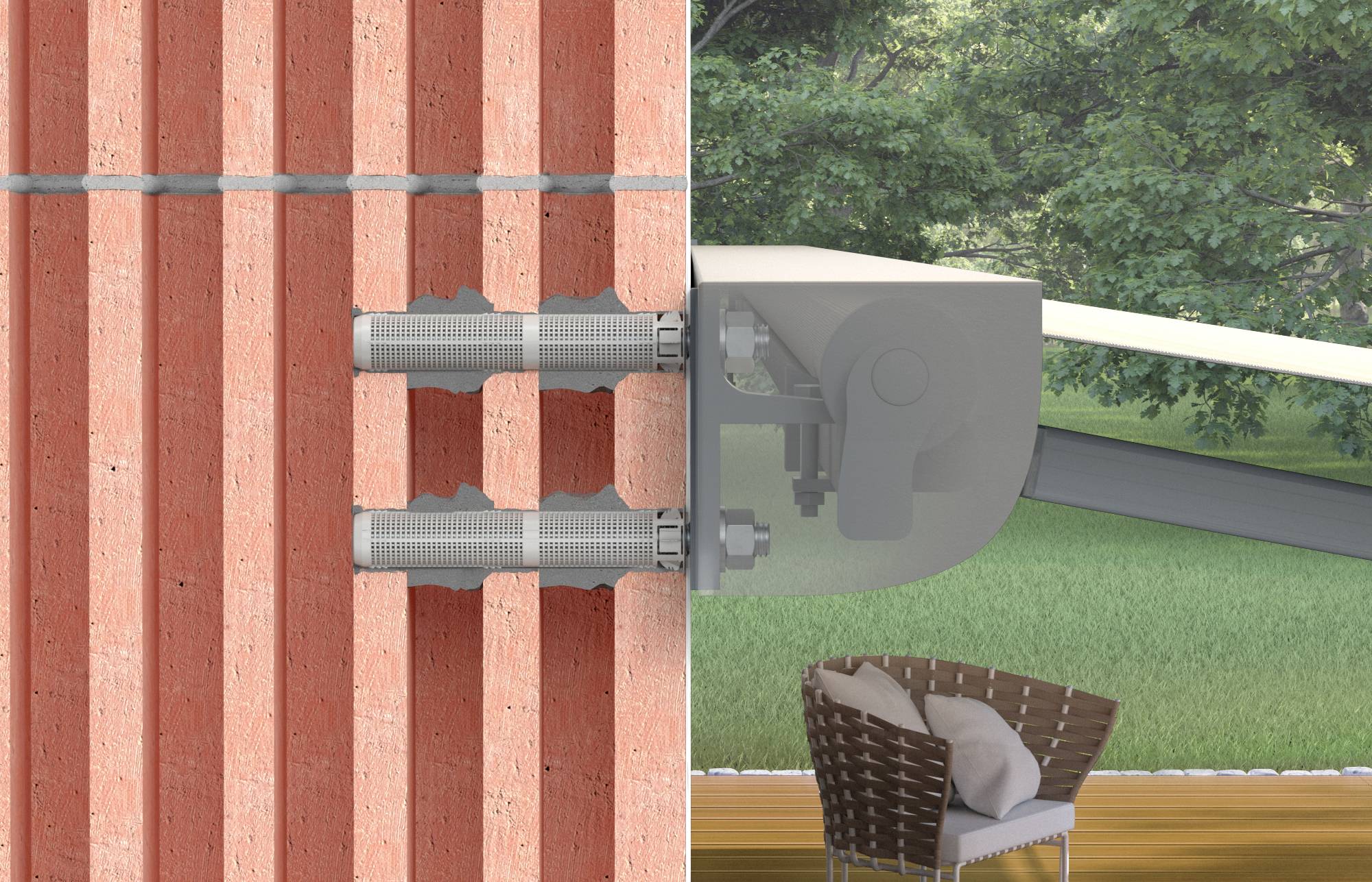 Mur de briques avec deux tuyaux métalliques à gauche, une terrasse à l'extérieur avec une chaise et de l'herbe verte. Relie l'espace intérieur et extérieur.