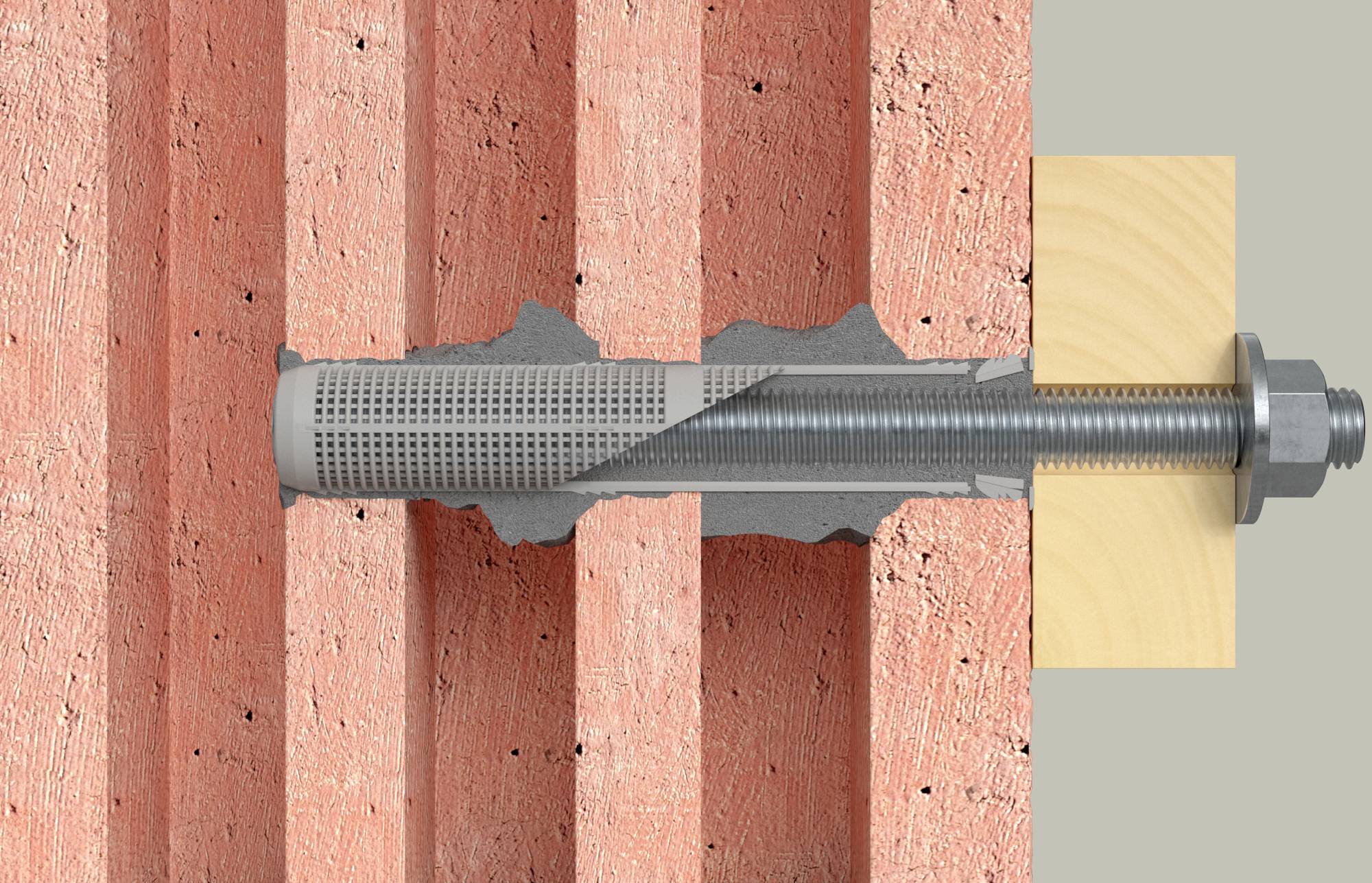Coupe transversale d'un mur de briques rouges avec un boulon d'ancrage métallique inséré fixant une pièce de bois.