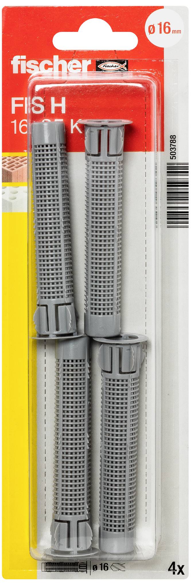 Quatre chevilles à expansion grises Fischer de 16 mm en emballage d'origine, adaptées aux trous de perçage de 16 mm.