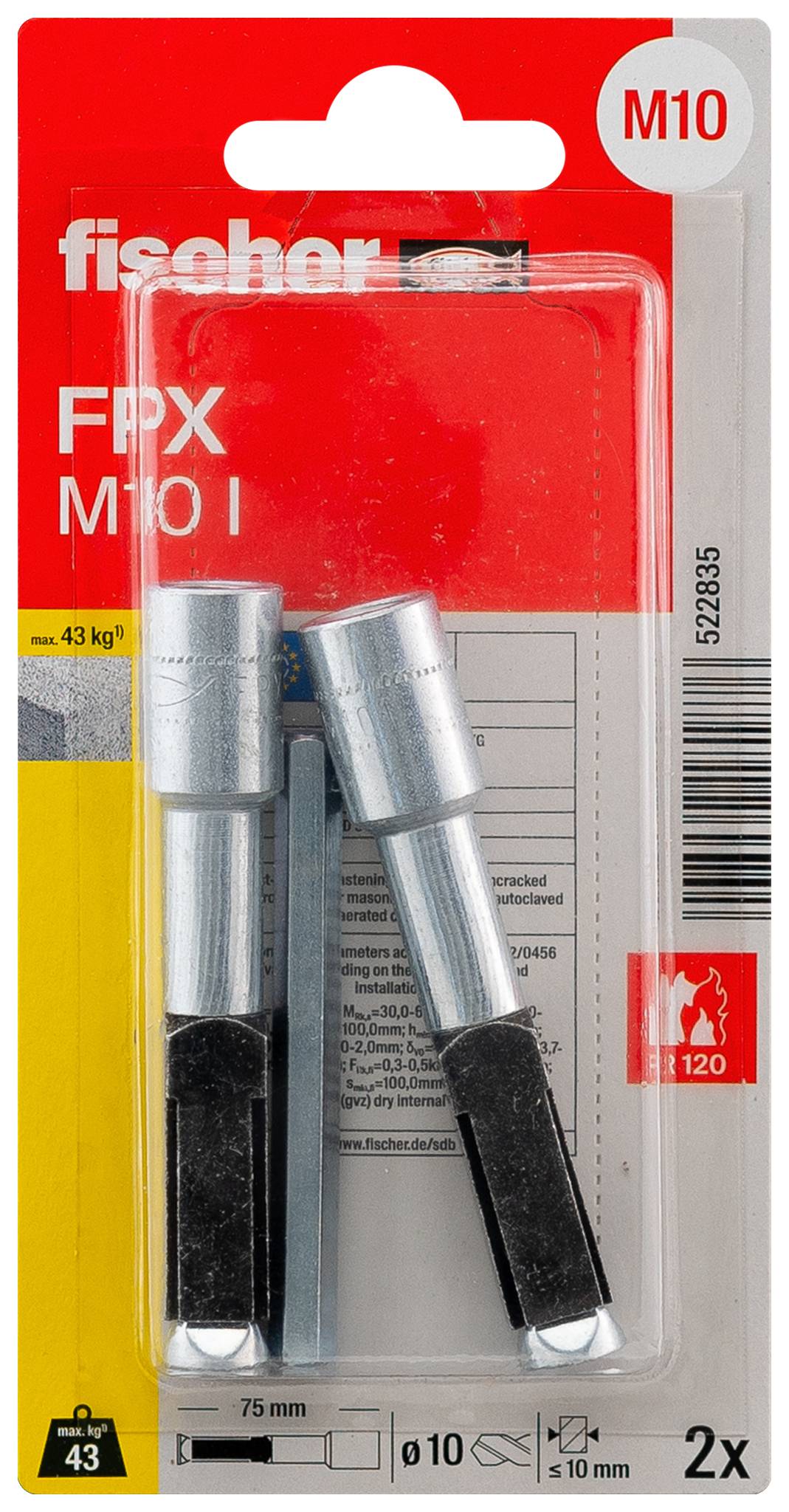 Paquet de deux chevilles métalliques Fischer FFX M10 I, marquées M10, charge de 43 kg, longueur de 75 mm, pour trous de 10 mm.
