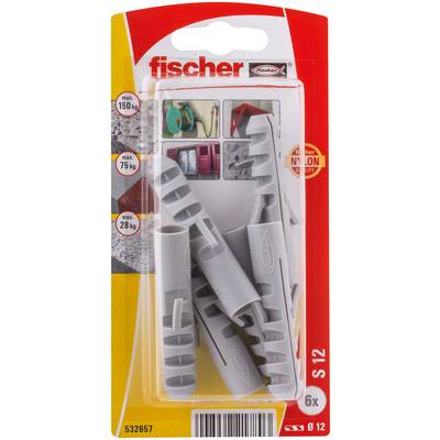 Paquet de chevilles murales Fischer S12, montrant 6 ancres en plastique gris pour le montage, avec des capacités de charge jusqu'à 150 kg, 75 kg et 28 kg.