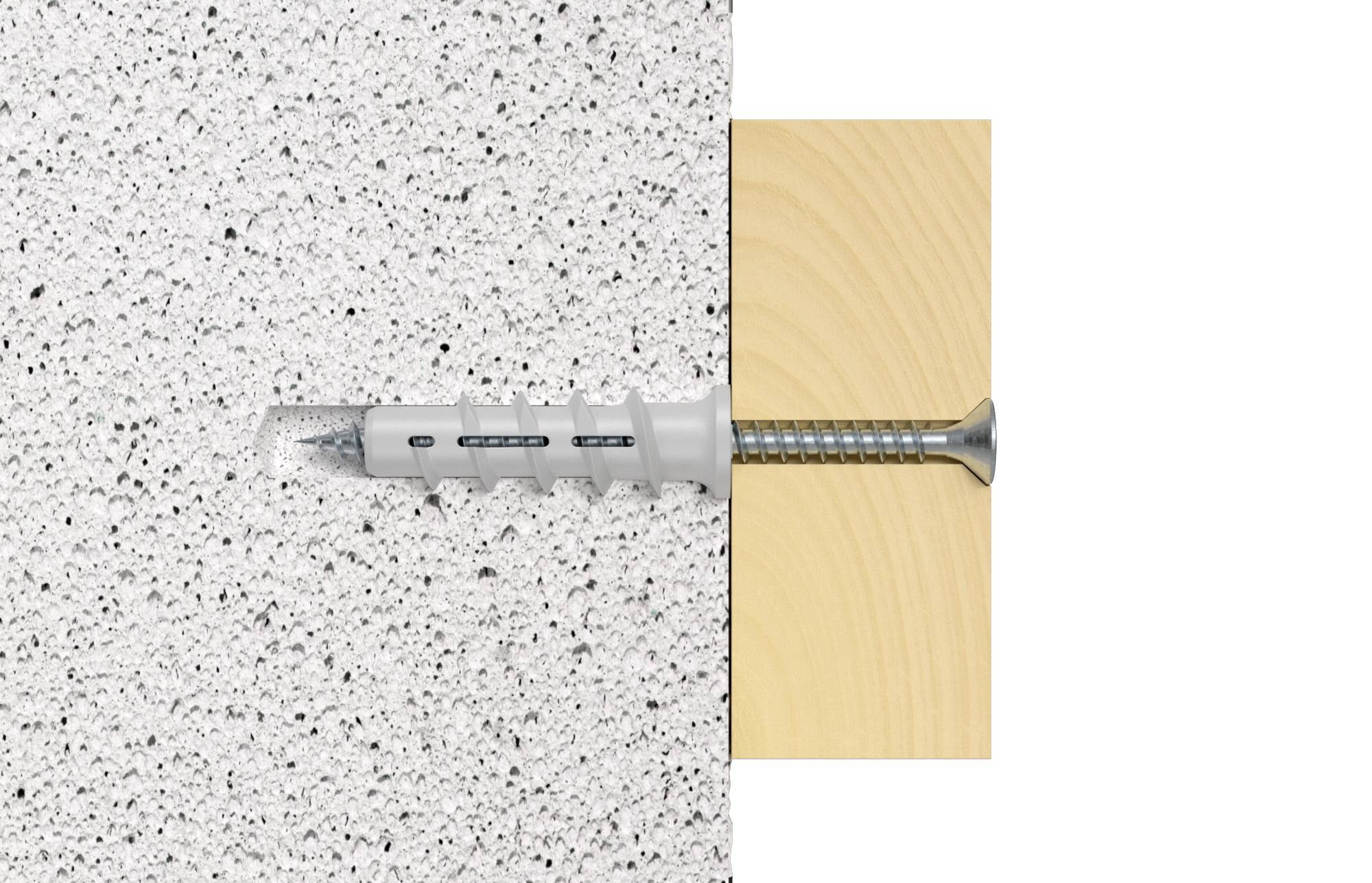 Un schéma de montage montre une vis avec un cheville fixée à travers une planche de bois dans un mur en béton.