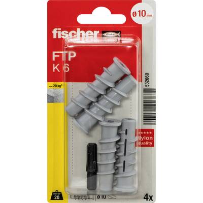 Paquet de chevilles murales en nylon Fischer FTP K6 pour trous de Ø10 mm, présenté dans un emballage blister transparent contenant 4 pièces.