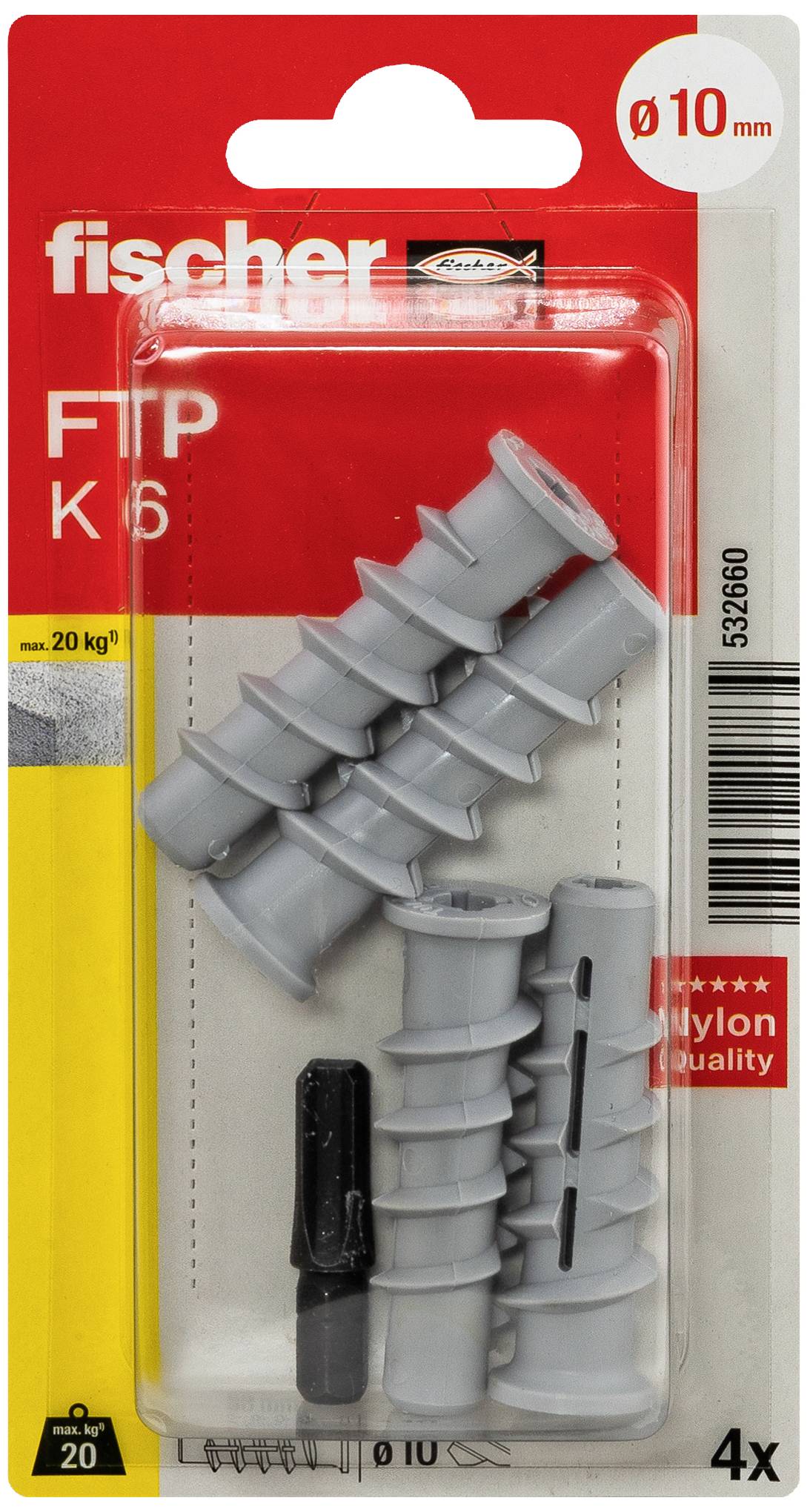 Chevilles en nylon Fischer FTP K 6, diamètre 10 mm, qualité nylon, lot de 4 pièces en blister.