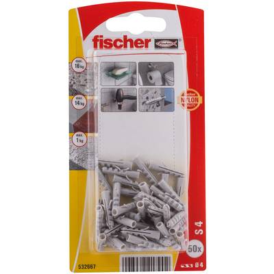 Paquet de chevilles murales Fischer S 4, 50 chevilles en plastique gris pour maçonnerie, avec les charges admissibles indiquées sur le devant