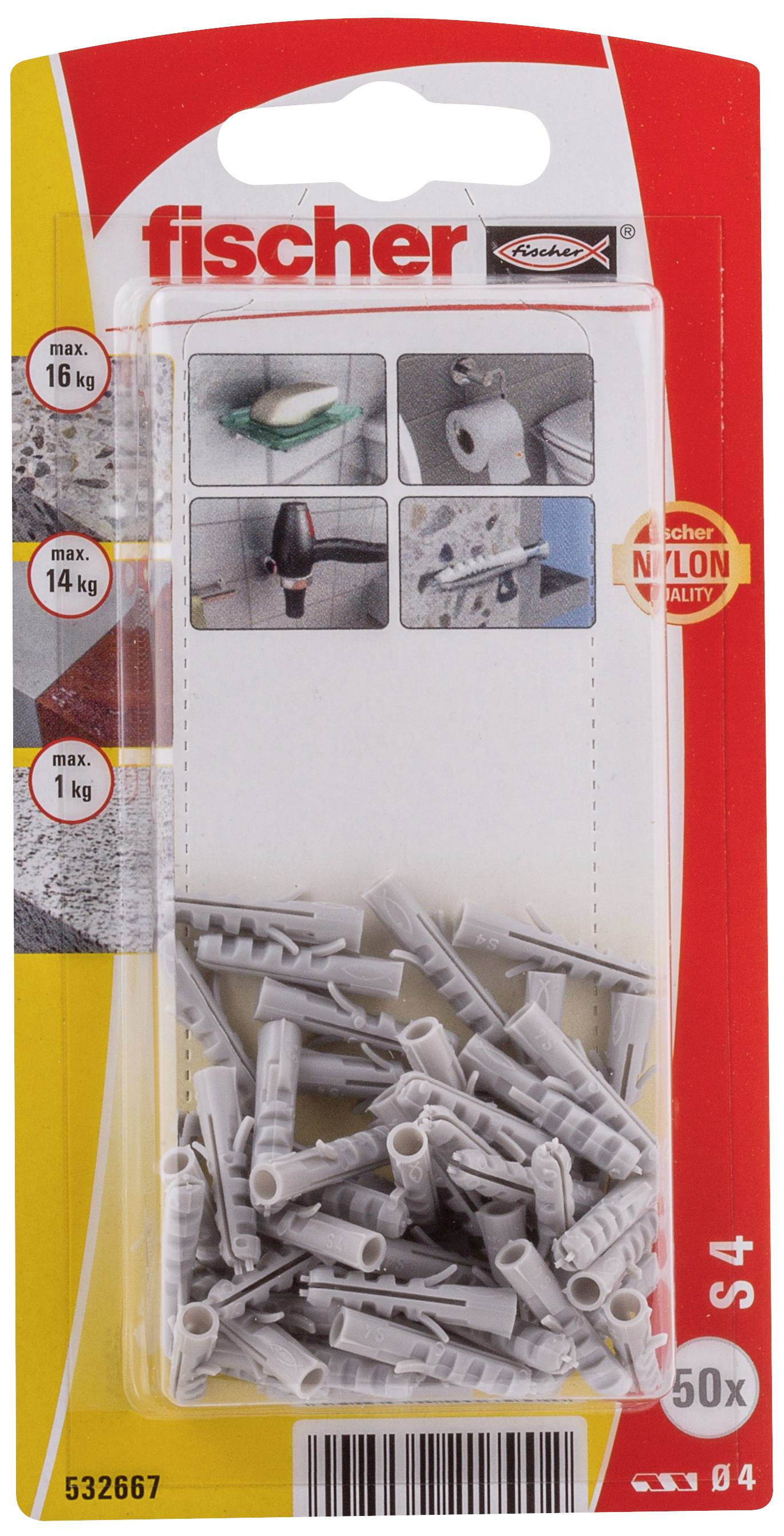 Boîte de 50 chevilles Fischer S4 grises, adaptées à des charges maximales de 16 kg, 14 kg et 1 kg, selon l'application et le matériau.