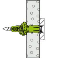 'Représentation d'une cheville verte dans un mur, sécurisée par une vis. Montre le processus correct de fixation en coupe.'