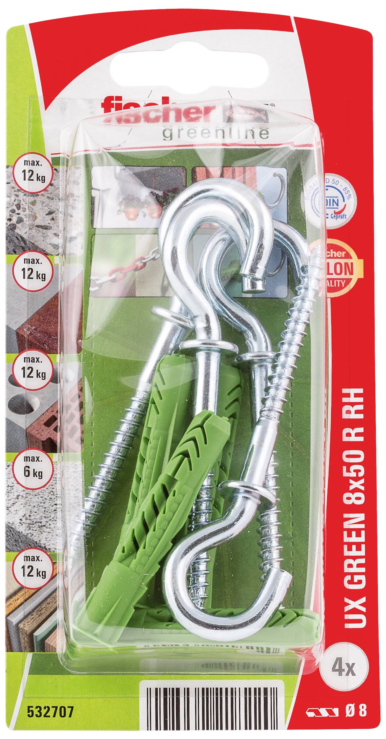 Emballage de chevilles Fischer UX Green avec crochets, 8x50 R RH, adaptées pour des charges jusqu'à 12 kg. Contient quatre chevilles vertes et crochets.
