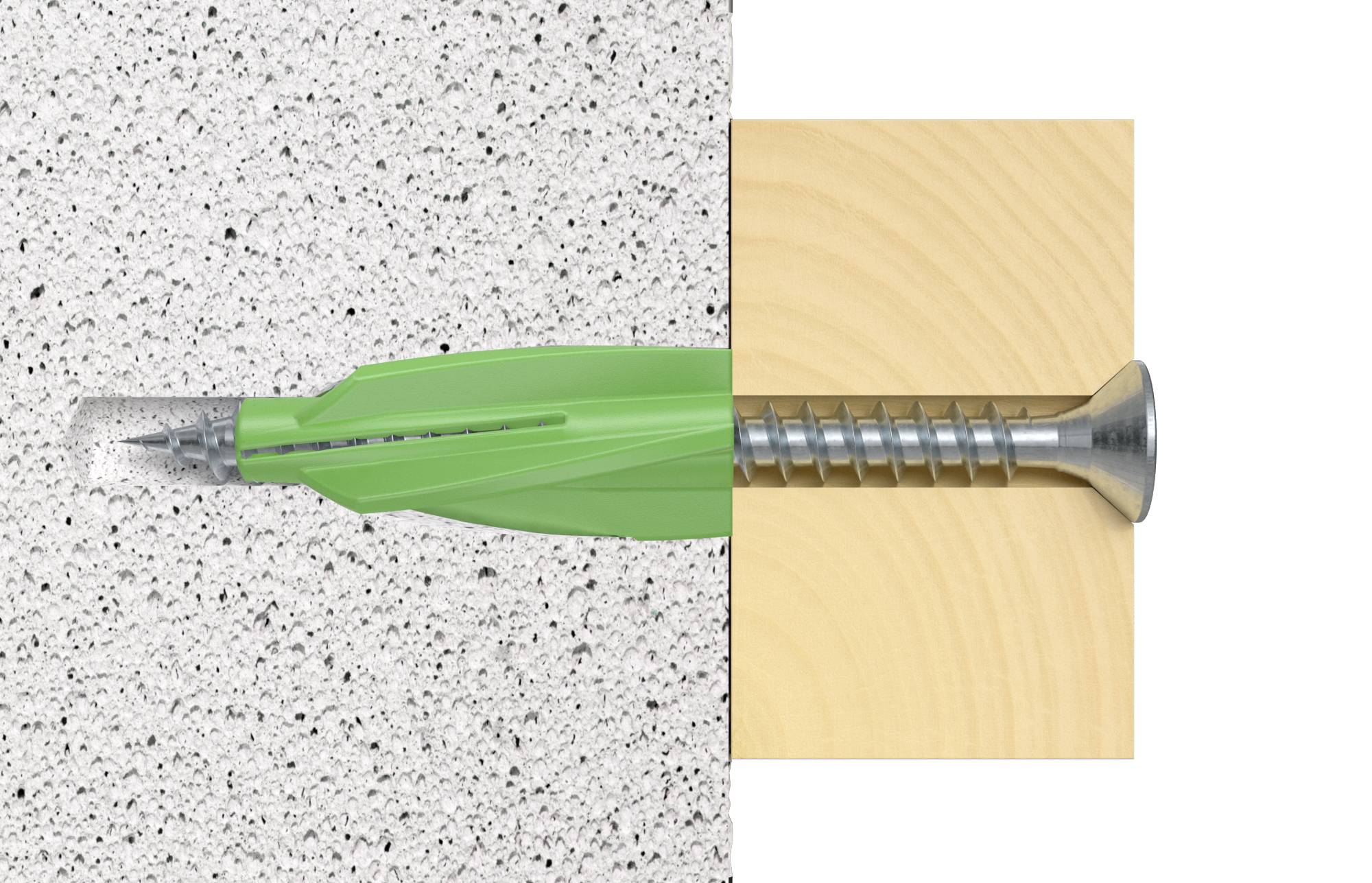 Un cheville verte dans un mur en béton et une vis argentée dans une planche de bois illustrent différentes méthodes de fixation.