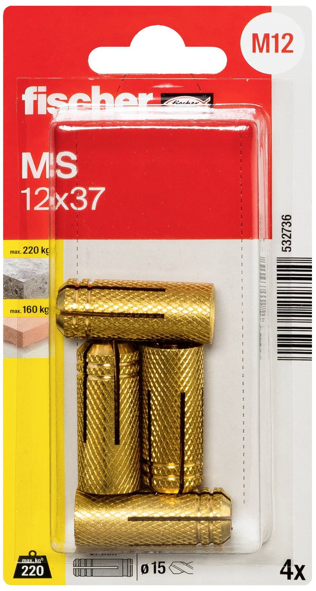 Un emballage contenant quatre chevilles métalliques expansibles Fischer MS 12x37 pour une capacité de charge allant jusqu'à 220 kg sur béton et 160 kg sur maçonnerie.