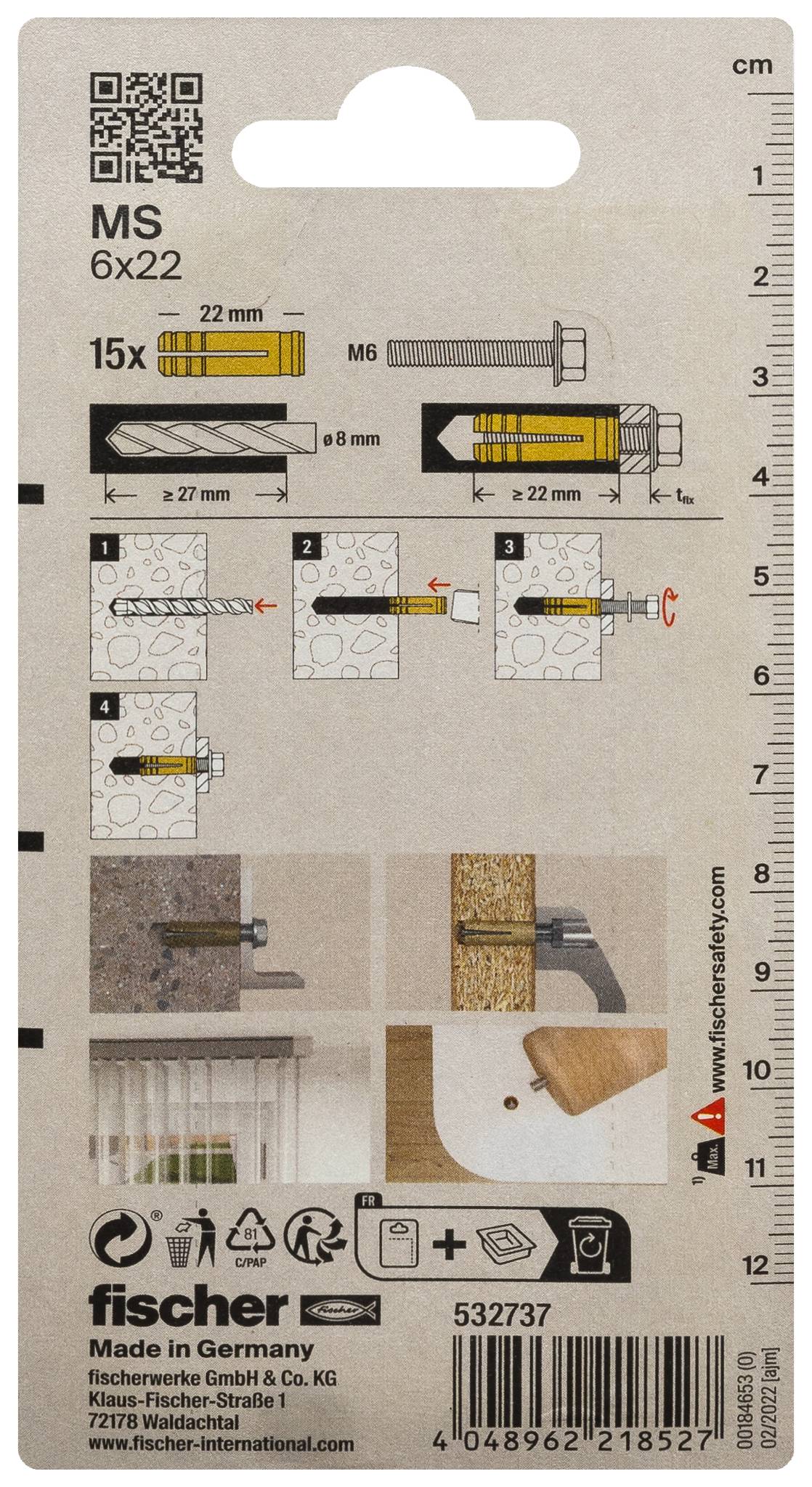 # Étiquette de paquet pour fischer MS 6x22<br><br>Affichage des dimensions, étapes de forage, exemples de montage et code-barres du produit sur une carte d'accrochage.