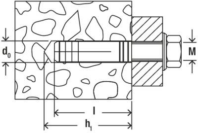 Coupe transversale d'une vis dans un mur en béton, montrant les dimensions d0, h1 et l, illustrant la position et la taille de la vis.