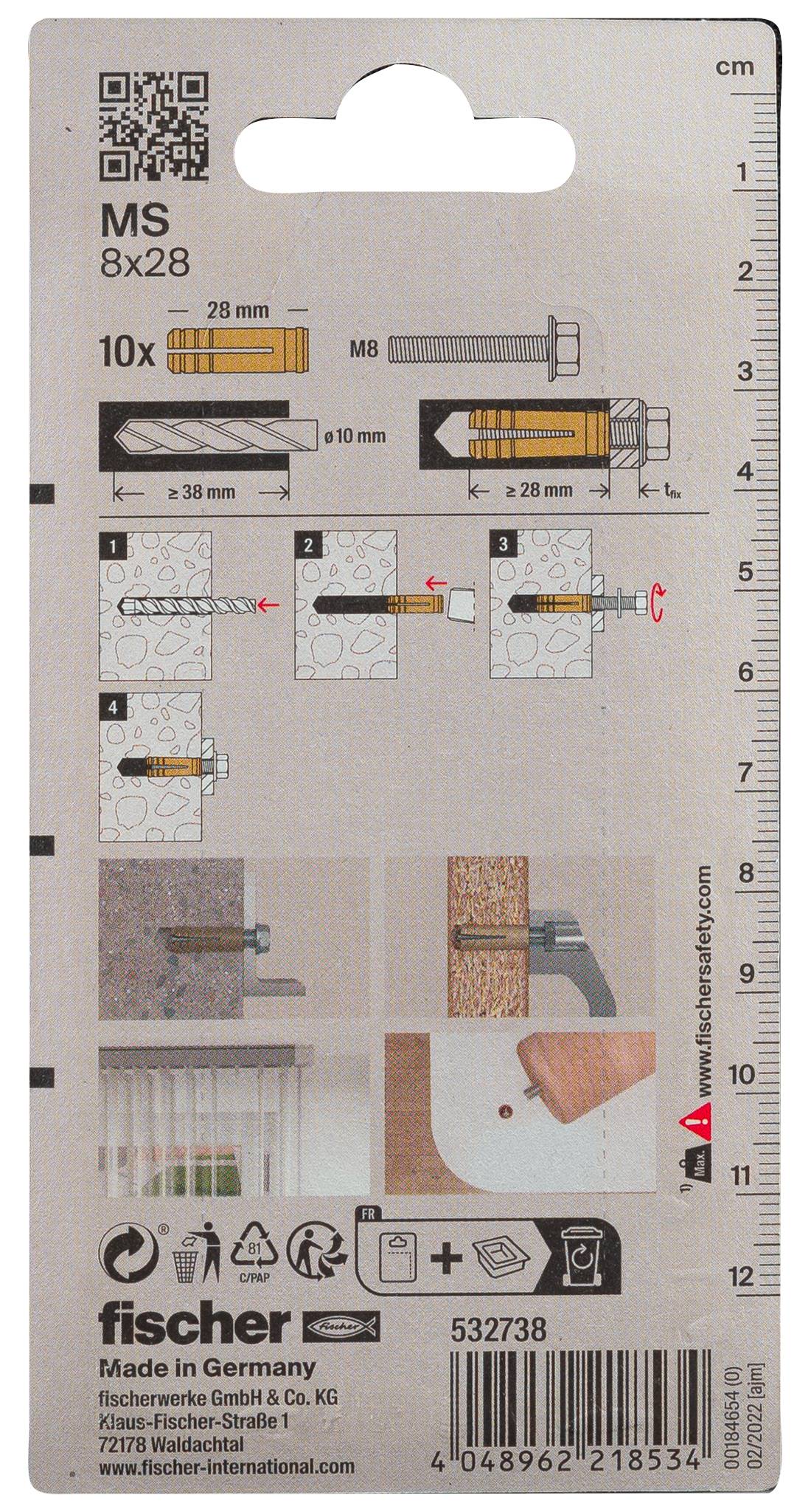 Emballage pour chevilles murales Fischer MS 8x28, affichant 10 chevilles et diagrammes d'installation, avec des repères de règle sur la boîte.