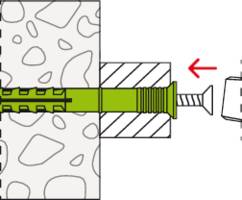 Un diagramme montrant comment une cheville est insérée dans un mur. La cheville est fixée par une vis qui est tournée vers la droite.