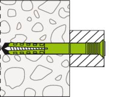 Illustration d'une cheville avec une vis dans un mur. La cheville est verte et fixée dans une structure murale pointillée.