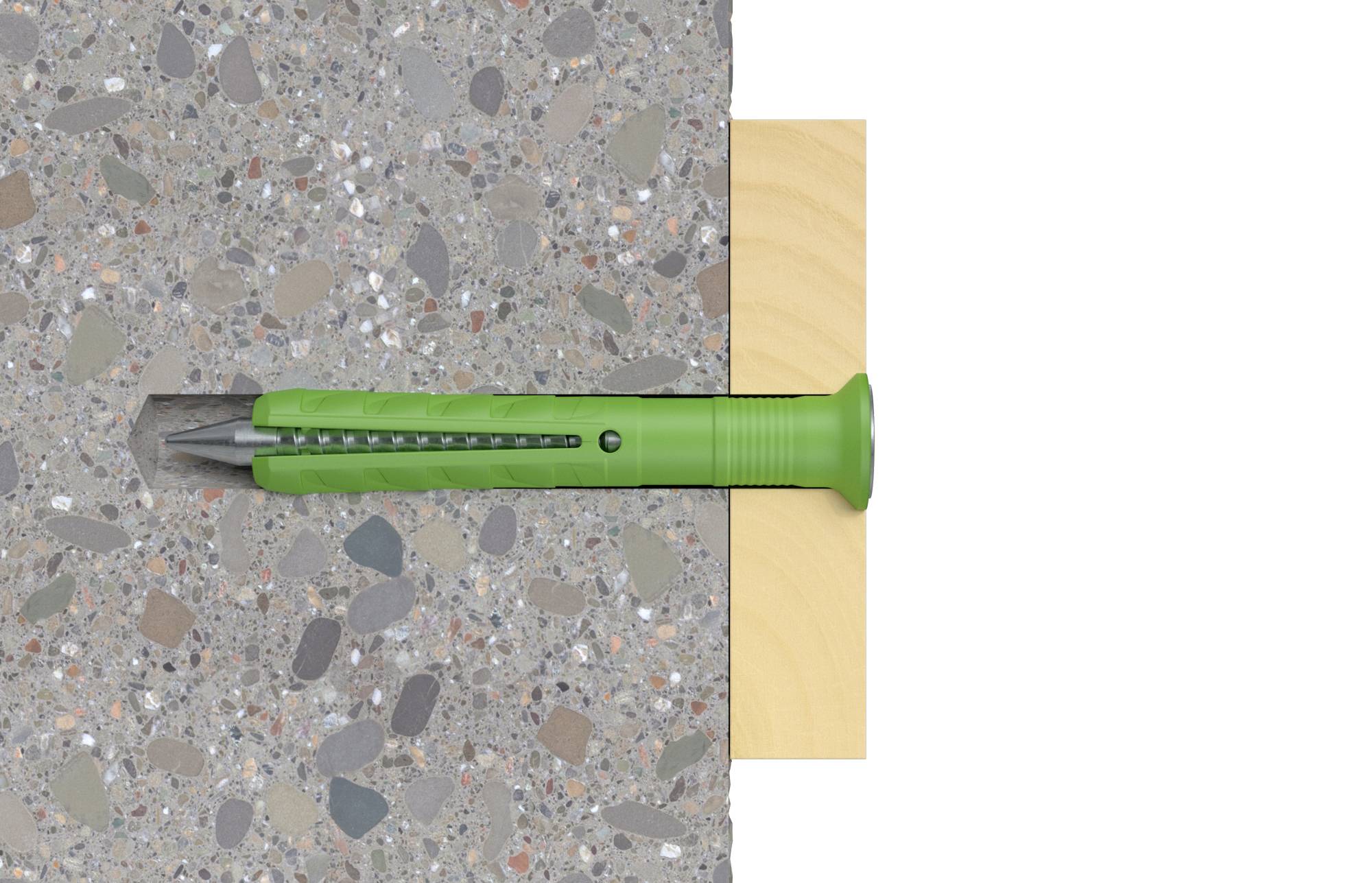 Cheville verte installée dans un mur en béton, avec une planche en bois à droite à côté.