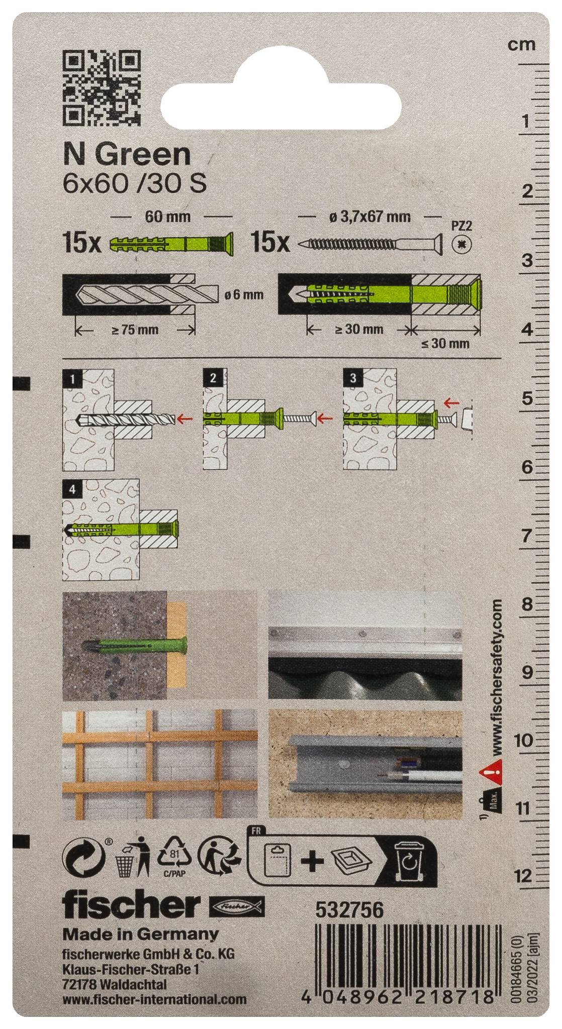 Fischer N Green 6x60/30 S prise murale, emballage montrant les diagrammes d'installation, dimensions 6x60 mm et 3,7x67 mm, quantité 15x et code produit 532756.